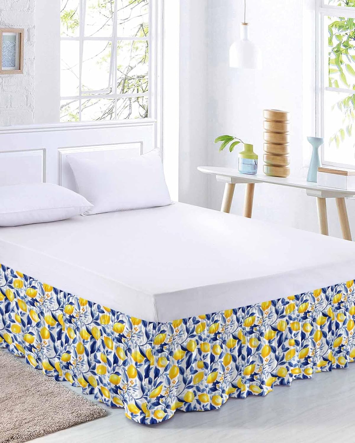 Summer Lemon Bed Skirt Queen Size 16 Inch Drop, Adjustable Elastic Wrap Around Bed Skirts Easy Fitting Dust Ruffle Bedskirt Bed Frame Cover Watercolor Yellow Blue Garden Floral