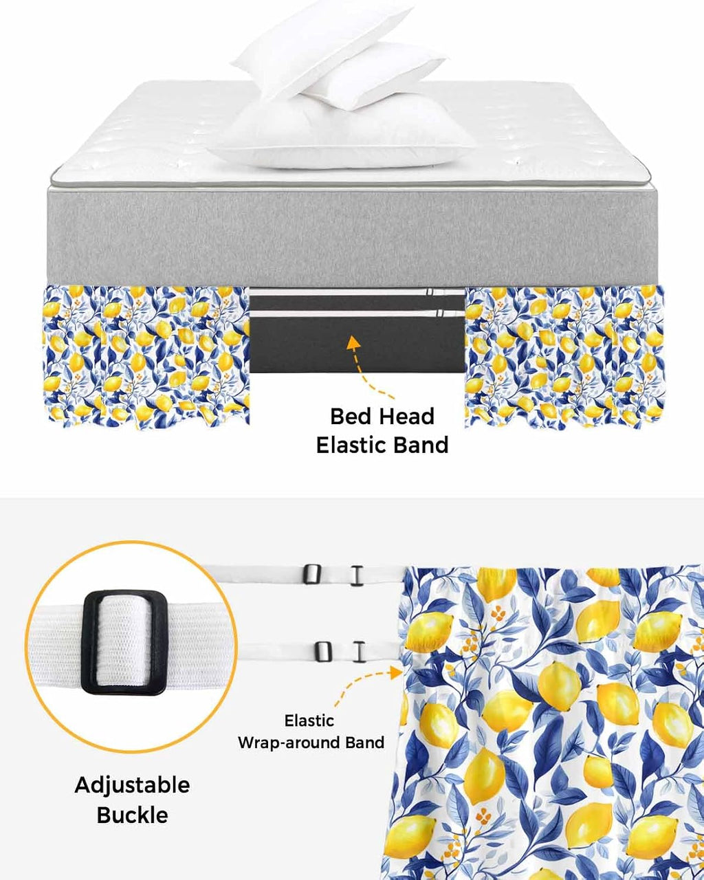 Summer Lemon Bed Skirt Queen Size 16 Inch Drop, Adjustable Elastic Wrap Around Bed Skirts Easy Fitting Dust Ruffle Bedskirt Bed Frame Cover Watercolor Yellow Blue Garden Floral