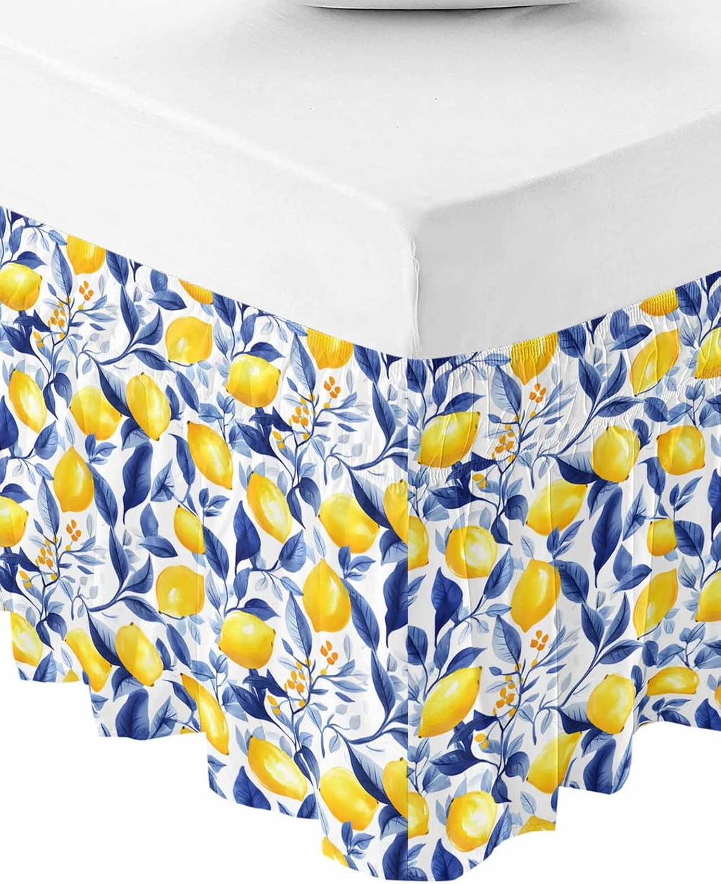 Summer Lemon Bed Skirt Queen Size 16 Inch Drop, Adjustable Elastic Wrap Around Bed Skirts Easy Fitting Dust Ruffle Bedskirt Bed Frame Cover Watercolor Yellow Blue Garden Floral