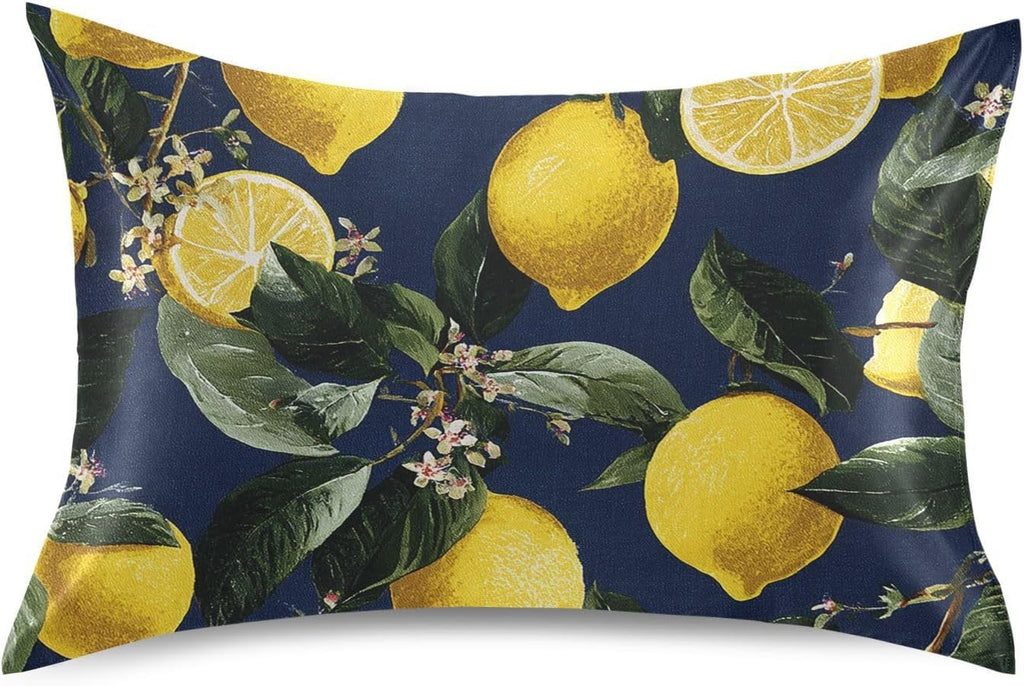 Satin Pillowcase for Hair Skin, Yellow Lemons and Blossoms Smooth Cooling Pillow Case Wrinkle Free Standard