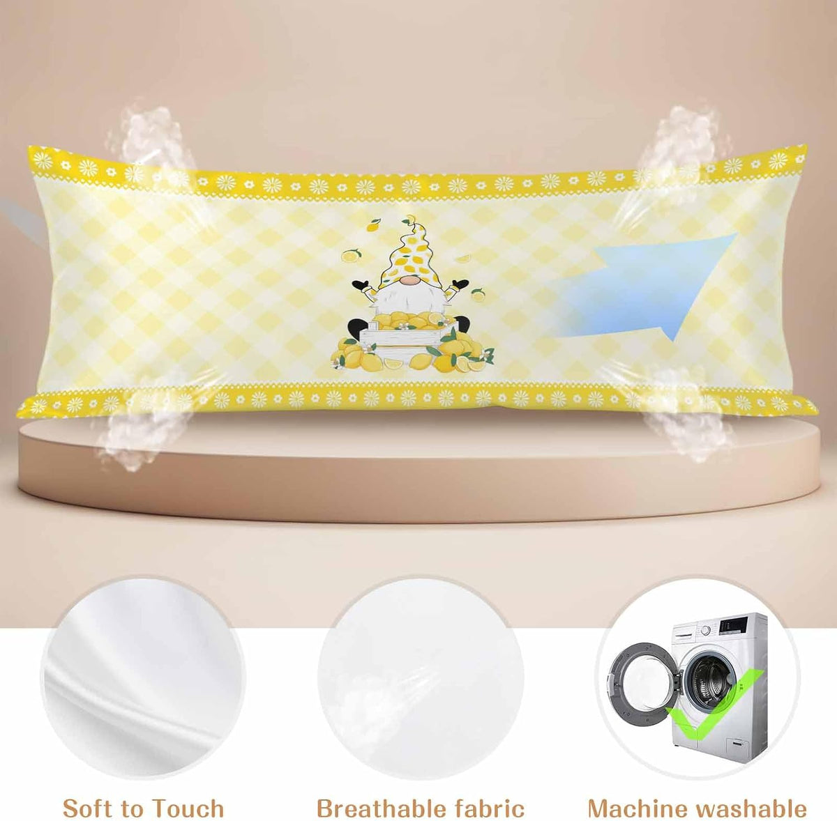 Vintage Fruit Gnomes Body Size Pillowcases, Summer Lemon Yellow Check Satin Pillow Case Cover with Smooth Hidden Zipper Closure, Soft Throw Pillow Covers Cases for Home Decor 20 X 54 Inches