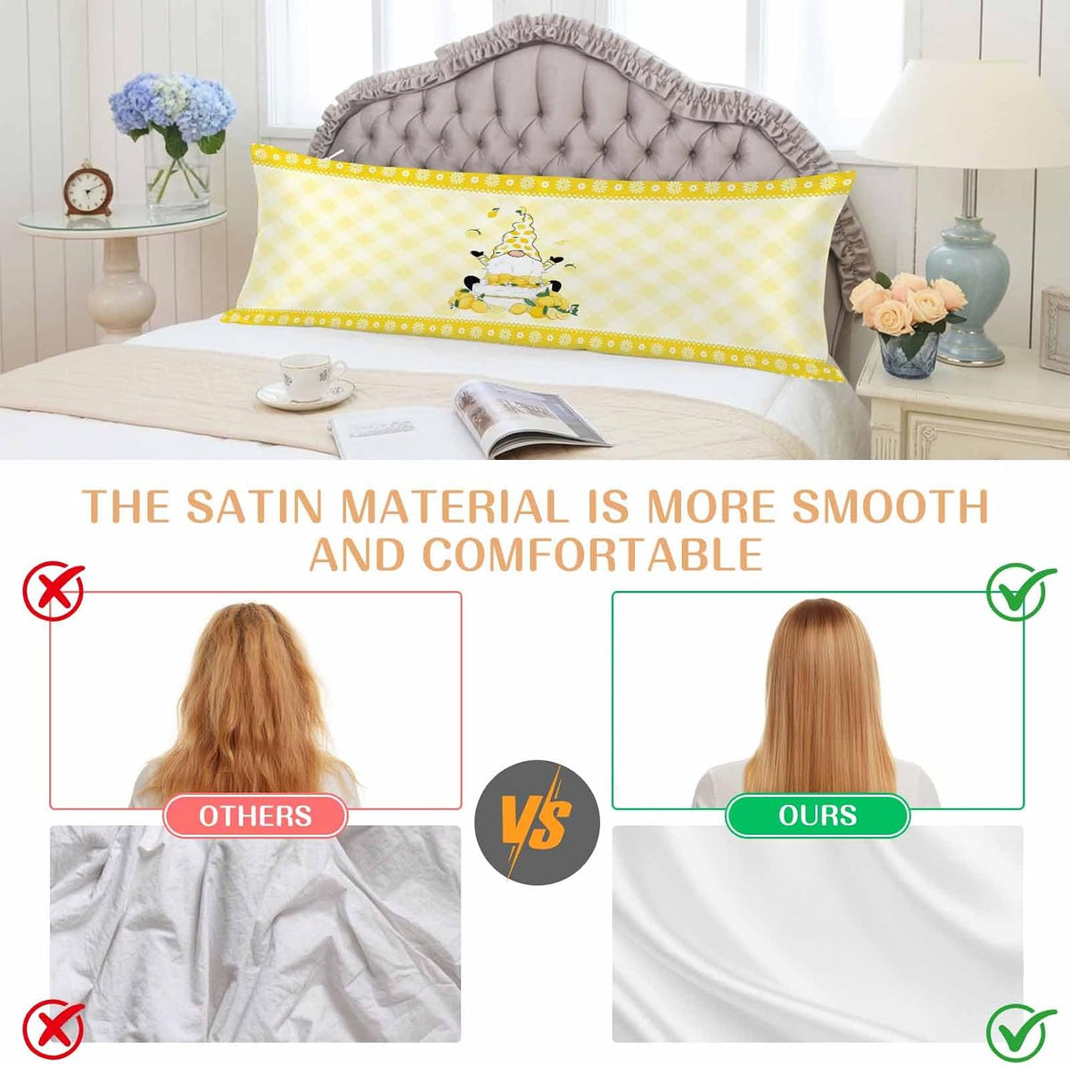 Vintage Fruit Gnomes Body Size Pillowcases, Summer Lemon Yellow Check Satin Pillow Case Cover with Smooth Hidden Zipper Closure, Soft Throw Pillow Covers Cases for Home Decor 20 X 54 Inches