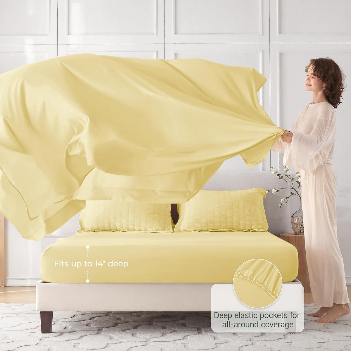 5 Pieces Twin XL Comforter Set, Seersucker Bed in a Bag Twin XL Size, All Season Luxury Bedding Set with Comforter, Flat Sheet, Fitted Sheet, Pillowcase & Sham, Yellow