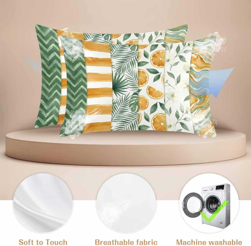 Satin Pillowcases Standard Size, Yellow Lemons Silk Pillow Cases for Hair and Skin with Zipper 2 Pack, Summer Botanical Green Leaves Fruits Striped Smooth Throw Pillow Covers for Sleeping, 20"x26"