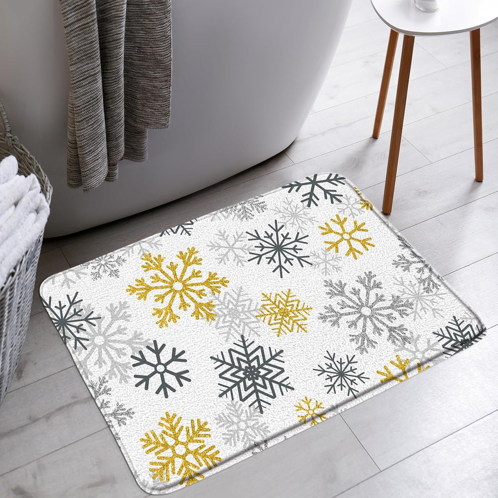 3pcs Yellow Snowflake Bath Mat Set Christmas Winter Holiday Happy New Year Bathroom Bathtub Area Rugs Toilet Decor (16x24 in)