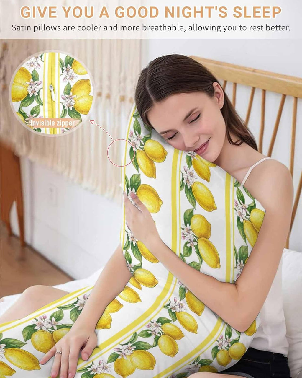 Summer Lemons Satin Pillowcase for Hair and Skin, Yellow Fruit Leaf Striped White Background Silky Pillow Cases Standard Size with Zipper 1 Pack Soft Cooling Pillow Cover for Women Men, 20''x40''