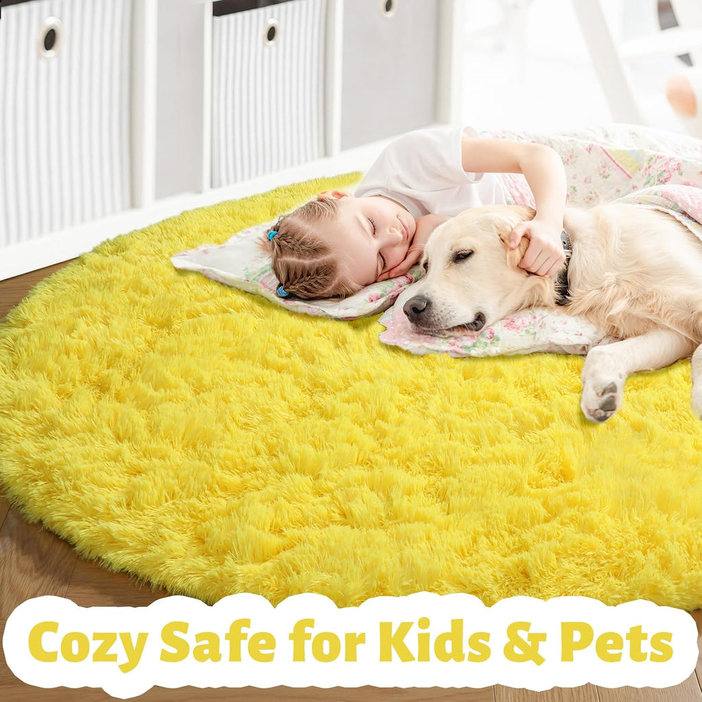 Yellow Round Plush Shag Area Rug 4Ft for Bedroom Kids Nursery Dorm