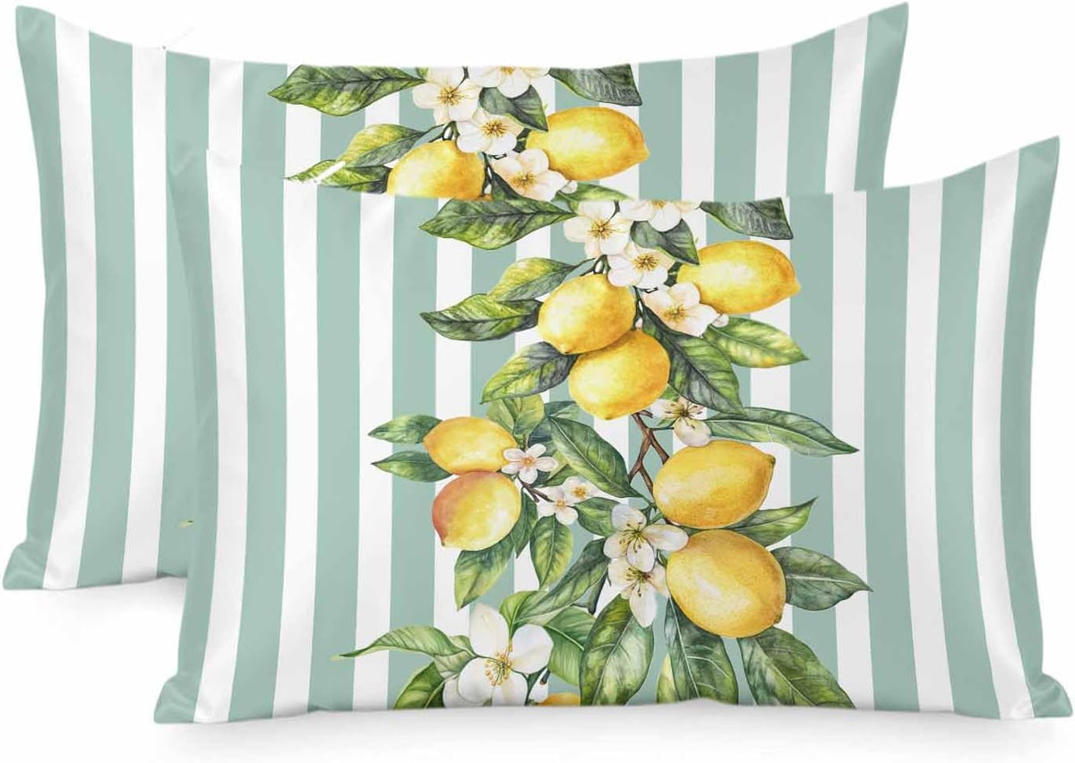 Yellow Lemon Floral Standard Pillowcase Set of 2, Sage Green Stripe Satin Pillow Case Cover with Smooth Hidden Zipper Closure, Soft Throw Pillow Covers Cases for Home Decoration 20 X 26 Inches