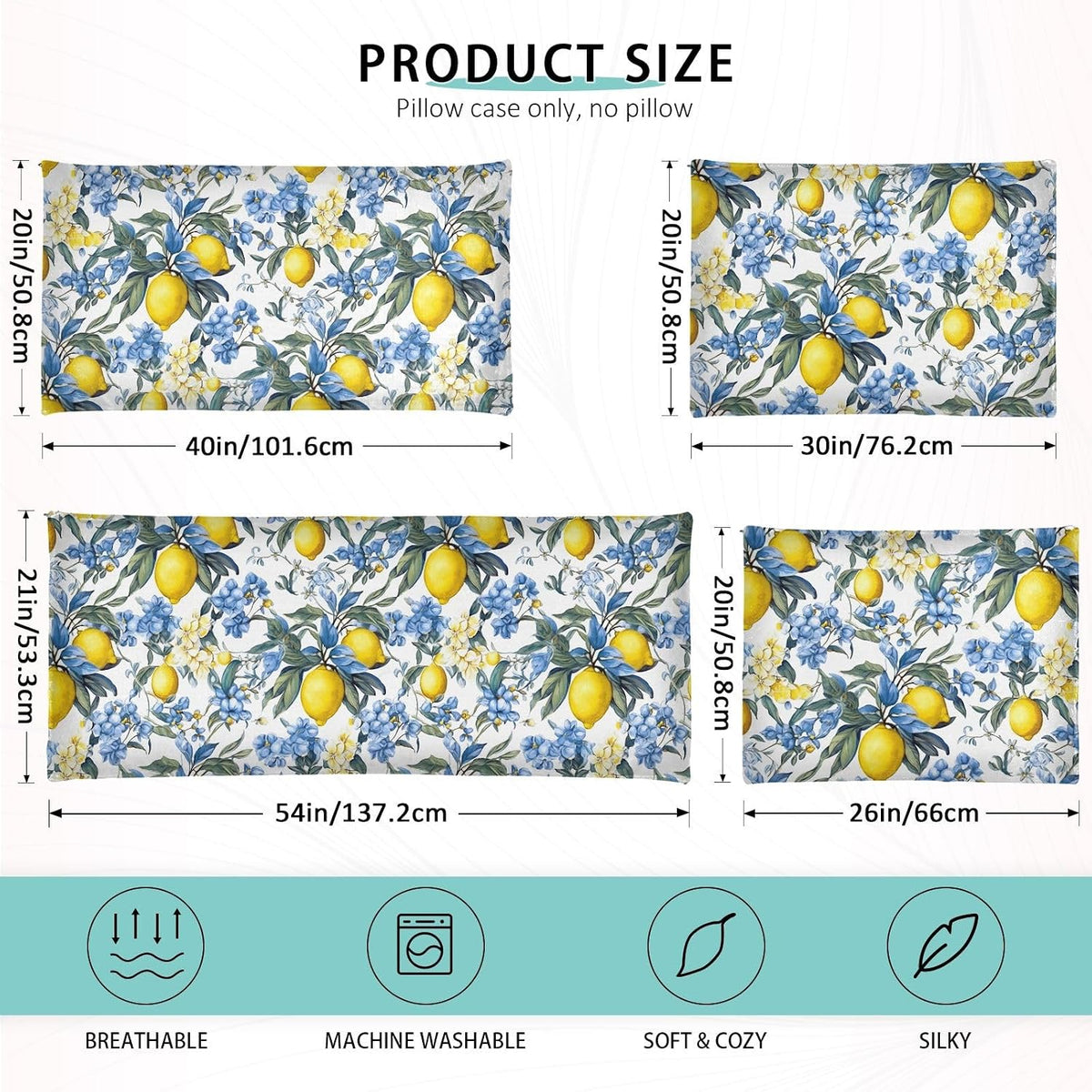 Pillowcases Standard Size, Yellow Lemons with Blue Flowers Pillowcase Protectors Soft Pillow Case with Zipper for Couch Bed Sofa Car 20"x26"