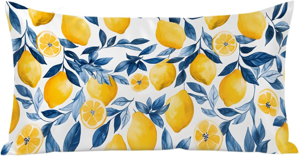 Watercolor Lemon King Pillow Cases, Blue Yellow Branch Satin Pillow Case Cover with Smooth Hidden Zipper Closure, Soft Throw Pillow Covers Cases for Home Decoration 20 X 40 Inches