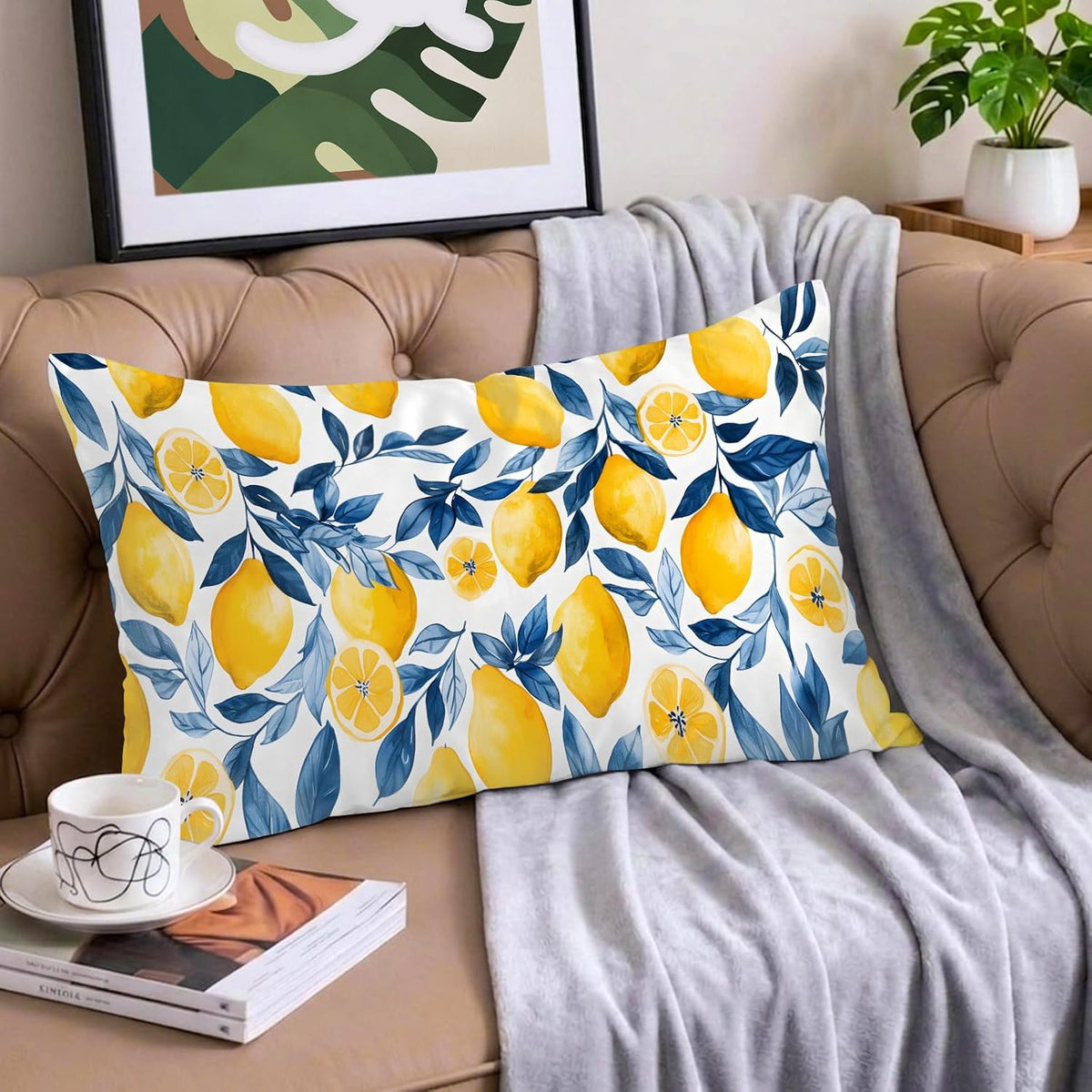 Watercolor Lemon King Pillow Cases, Blue Yellow Branch Satin Pillow Case Cover with Smooth Hidden Zipper Closure, Soft Throw Pillow Covers Cases for Home Decoration 20 X 40 Inches