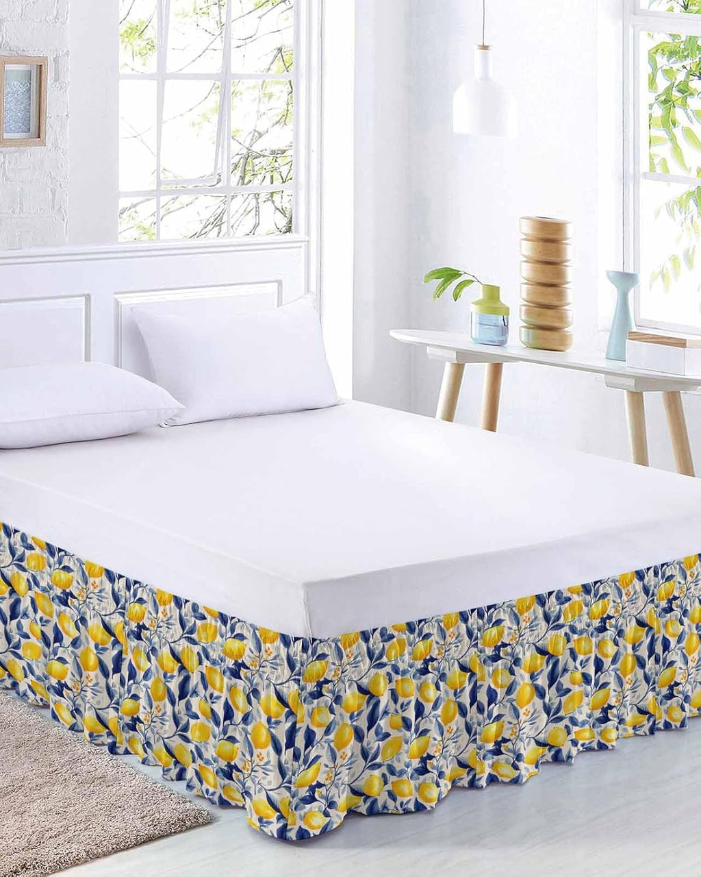 Yellow Lemon Bed Skirt Queen Size 16 Inch Drop, Adjustable Elastic Wrap Around Bed Skirts Easy Fitting Dust Ruffle Bedskirt Bed Frame Cover Blue Leaf Vintage Botanical Summer Spring