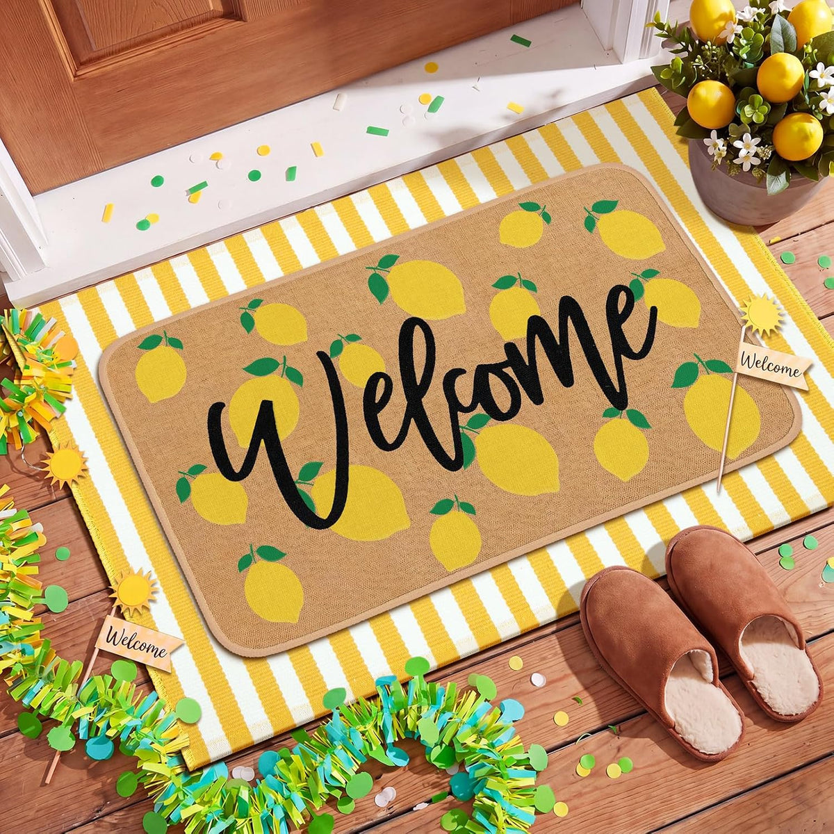 2 Pcs Summer Lemon Welcome Door Mats Outdoor