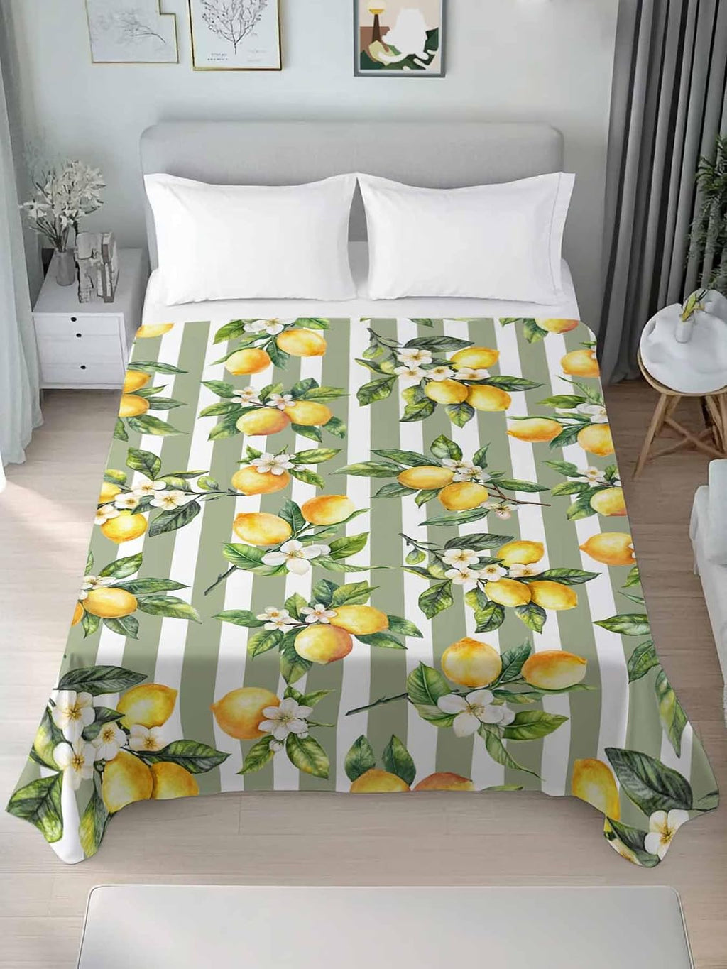 Twin Flat Sheet Only,Vintage Farm Lemon Flowers Top Sheet Breathable Soft Brushed Polyester Microfiber Bed Sheets,Yellow Fruit on Sage Green Stripe Hotel Luxury Bedding Sheets for Women,Men,Teens