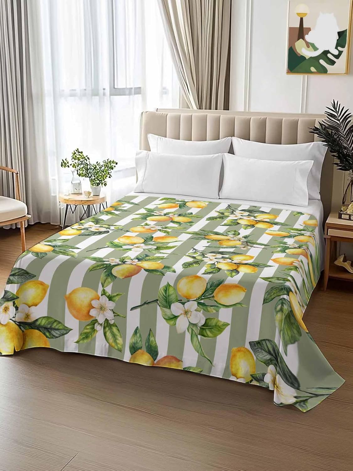 Twin Flat Sheet Only,Vintage Farm Lemon Flowers Top Sheet Breathable Soft Brushed Polyester Microfiber Bed Sheets,Yellow Fruit on Sage Green Stripe Hotel Luxury Bedding Sheets for Women,Men,Teens