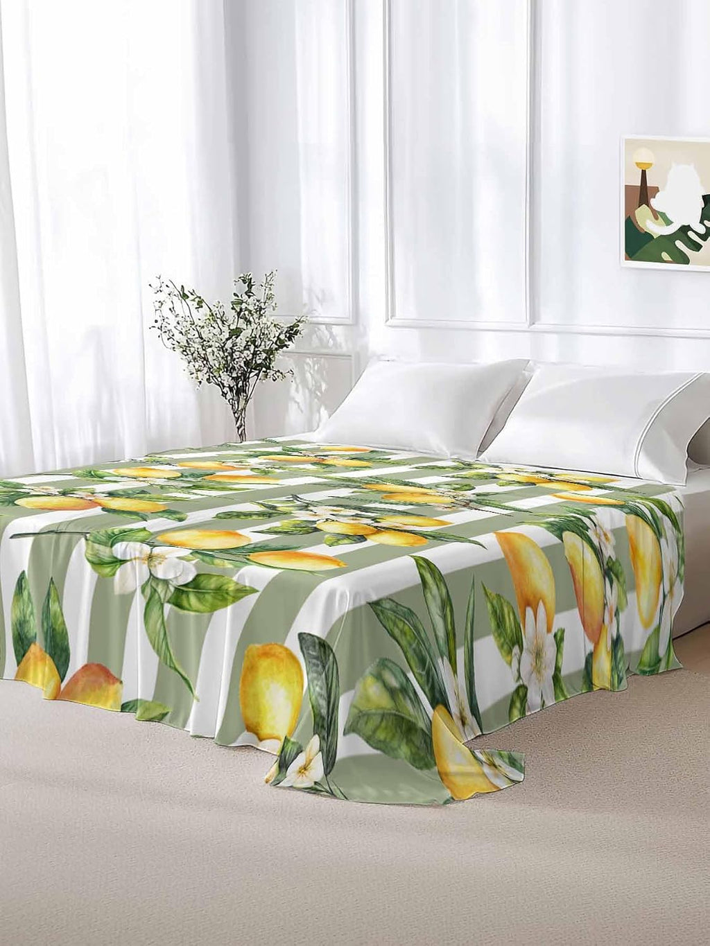 Twin Flat Sheet Only,Vintage Farm Lemon Flowers Top Sheet Breathable Soft Brushed Polyester Microfiber Bed Sheets,Yellow Fruit on Sage Green Stripe Hotel Luxury Bedding Sheets for Women,Men,Teens