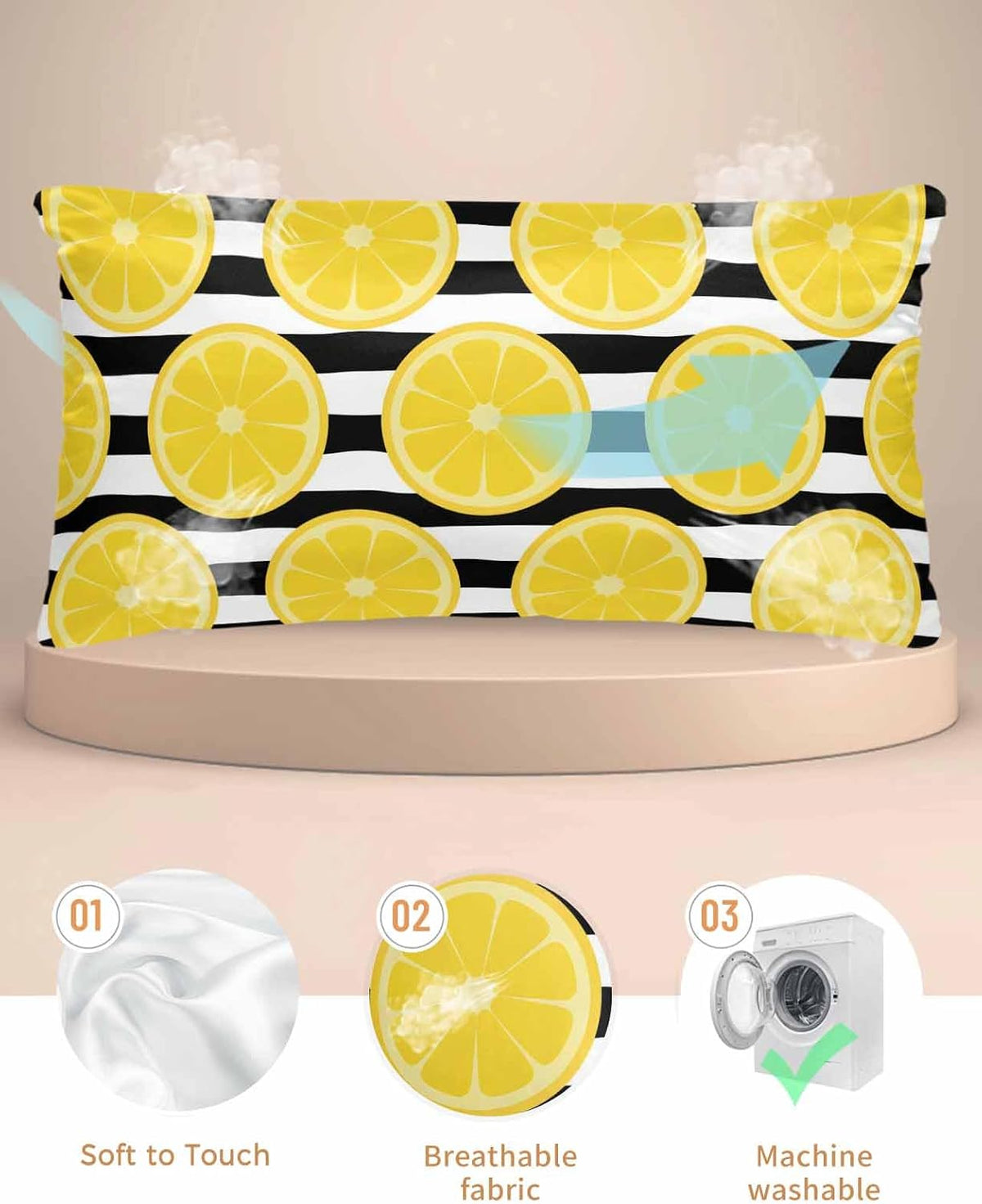 Yellow Lemon Pillow Cases Cal King Size, Summer Botanical Fruits Black White Stripes Satin Pillowcase with Zipper for Hair/Skin, Decorative Pillow Covers for Bed/Couch/Sofa, 20x40 Inches
