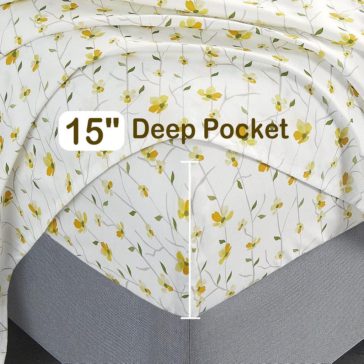 King Sheet Set Yellow Floral Bed Sheets Printed Sheets - 4 Piece Soft Microfiber Patterned Fitted Sheets King with 15" Deep Pocket and Corner Straps, Cute Yellow Flower Sheets & Pillowcase Set
