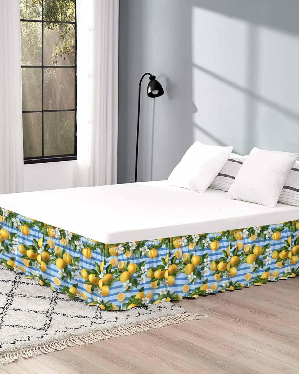 Yellow Lemon Bed Skirt Queen Size 16 Inch Drop, Adjustable Elastic Wrap Around Bed Skirts Easy Fitting Dust Ruffle Bedskirt Bed Frame Cover Summer Fruit Rustic Blue Striped