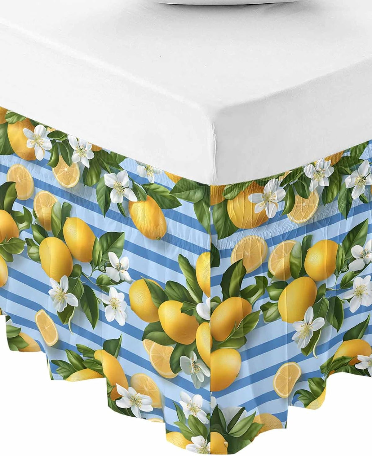 Yellow Lemon Bed Skirt Queen Size 16 Inch Drop, Adjustable Elastic Wrap Around Bed Skirts Easy Fitting Dust Ruffle Bedskirt Bed Frame Cover Summer Fruit Rustic Blue Striped