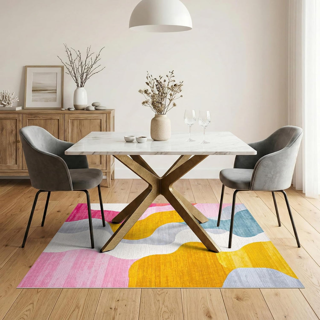 Flatwoven High Traffic Area Rug 5x7, Vivid Dreamscape Abstract Swirls Modern Artistic Design, Non Slip, Stain Resistant, Washable Area Rugs for Living Room, Bedroom (Yellow, 5x7)