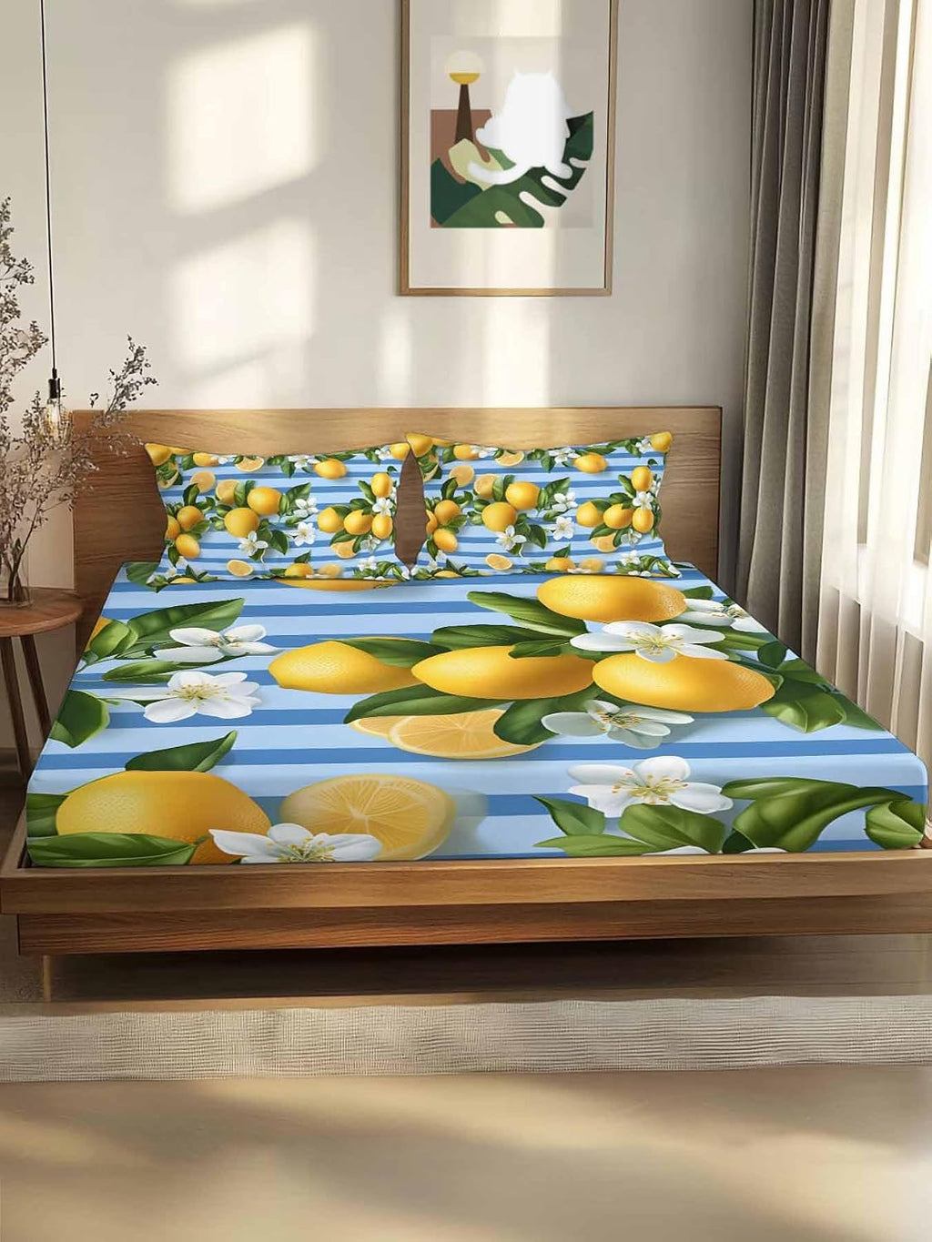 Twin Fitted Sheet and Pillowcase Set, Yellow Lemon Soft Bed Fitted Sheets - Deep Pocket with Elastic Fits Mattress Up to 16", Summer Fruit Rustic Blue Striped Bedding Set with 1 Pillow Case