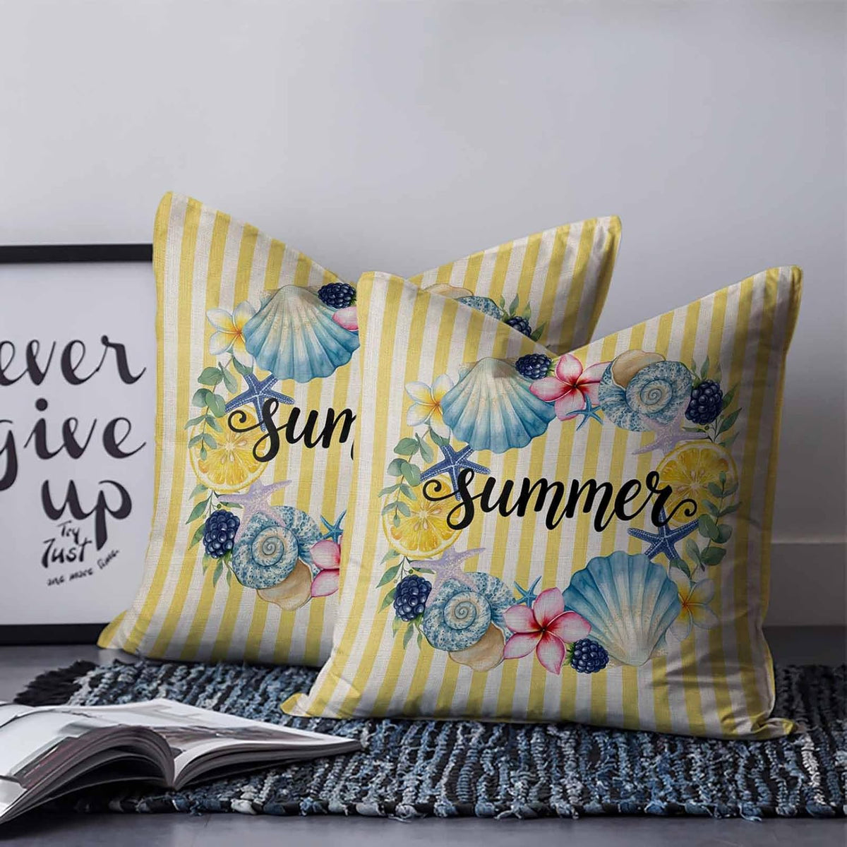 Summer 2PCS Throw Pillow Covers for Couch Sofa Bed, Lemons Starfish Flower Stripes Yellow Vintage Pillow Covers 18x18 inch, Standard Pillowcases Set Decorative Cushion Covers for Living Room Bedroom