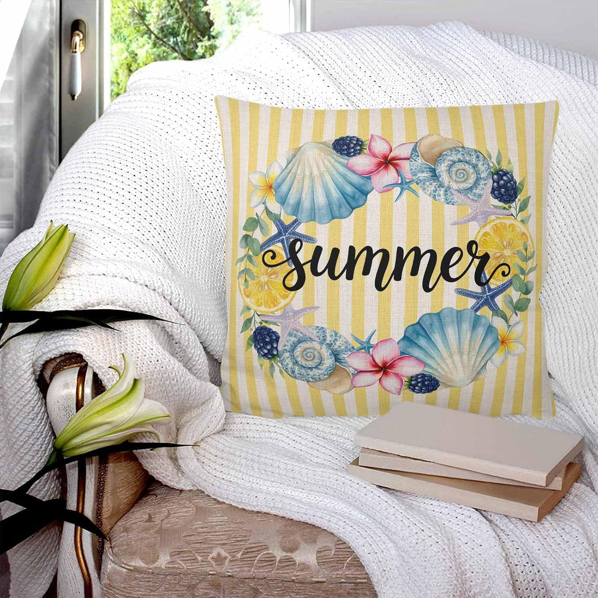 Summer 2PCS Throw Pillow Covers for Couch Sofa Bed, Lemons Starfish Flower Stripes Yellow Vintage Pillow Covers 18x18 inch, Standard Pillowcases Set Decorative Cushion Covers for Living Room Bedroom