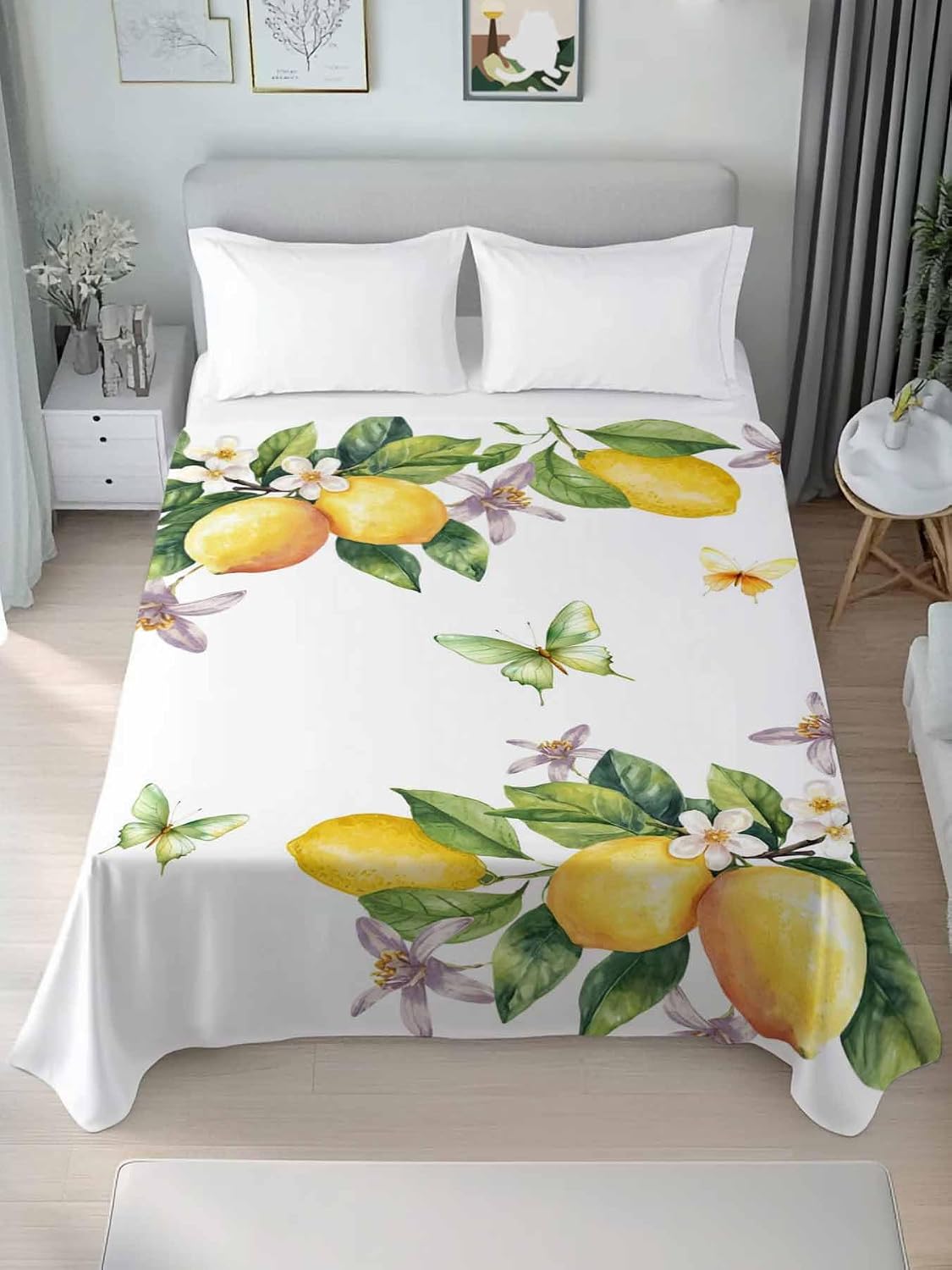 Twin Flat Sheet Only,Vintage Farm Lemon Flowers Top Sheet Breathable Soft Brushed Polyester Microfiber Bed Sheets,Yellow Fruit Butterfly Floral Hotel Luxury Bedding Sheets for Women,Men,Teens