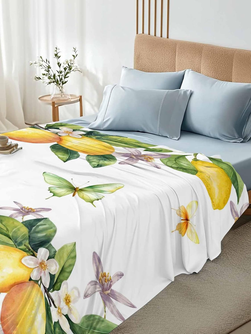 Twin Flat Sheet Only,Vintage Farm Lemon Flowers Top Sheet Breathable Soft Brushed Polyester Microfiber Bed Sheets,Yellow Fruit Butterfly Floral Hotel Luxury Bedding Sheets for Women,Men,Teens