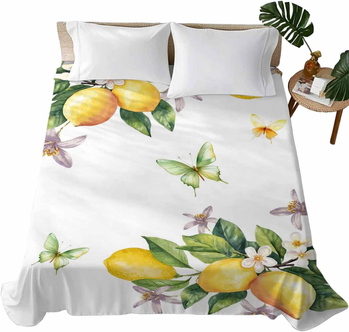 Twin Flat Sheet Only,Vintage Farm Lemon Flowers Top Sheet Breathable Soft Brushed Polyester Microfiber Bed Sheets,Yellow Fruit Butterfly Floral Hotel Luxury Bedding Sheets for Women,Men,Teens