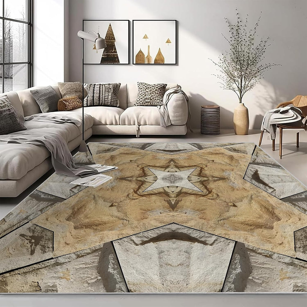Retro Abstract Pattern Area Rug – Premium Low Pile Non-Slip Carpet for Living Room, Bedroom & Office – Geometric Print,Washable Contemporary Home Decor Rug Yellow