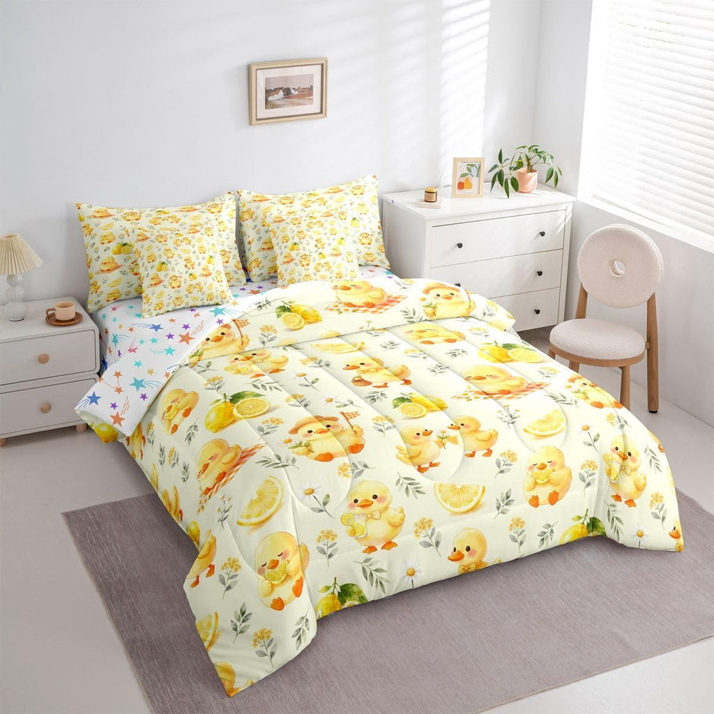 Kawaii Yellow Duck Queen Bedding Set 7 Piece Cute Cartoon Rubber Duck Bed in A Bag with Sheets Rustic Daisy Floral Comforter Set for Kids Adults,Summer Fruit Lemon Bed Sets
