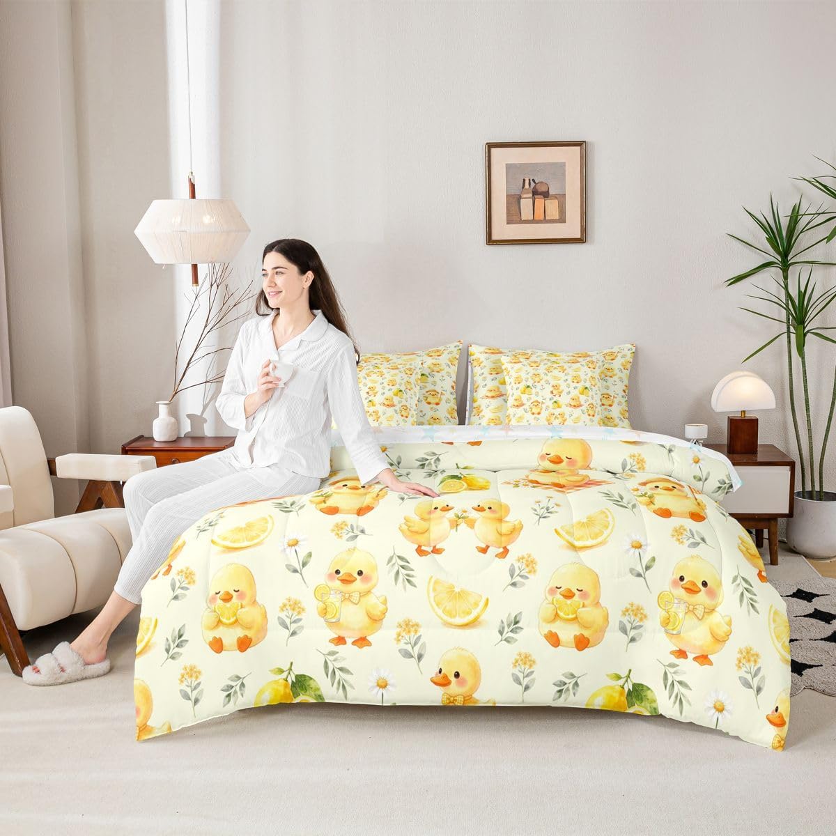 Kawaii Yellow Duck Queen Bedding Set 7 Piece Cute Cartoon Rubber Duck Bed in A Bag with Sheets Rustic Daisy Floral Comforter Set for Kids Adults,Summer Fruit Lemon Bed Sets
