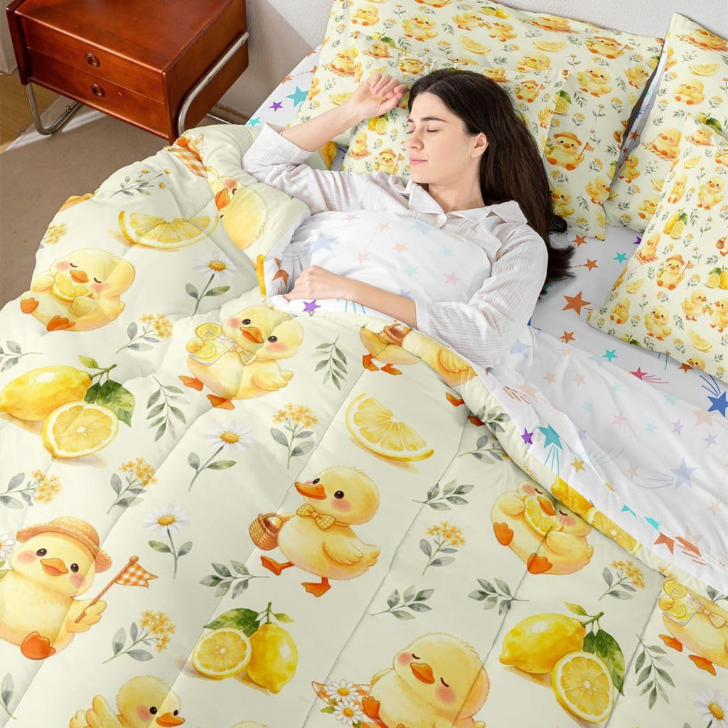 Kawaii Yellow Duck Queen Bedding Set 7 Piece Cute Cartoon Rubber Duck Bed in A Bag with Sheets Rustic Daisy Floral Comforter Set for Kids Adults,Summer Fruit Lemon Bed Sets