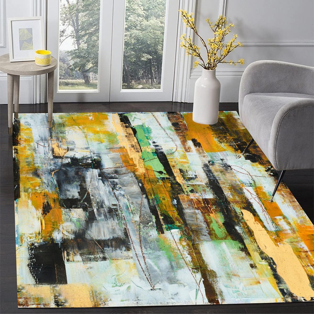 Modern Yellow Gold Abstract Texture Rug 2x3 Contemporary Aesthetic Washable Area Rugs for Dining Room Living Room Bedroom Office Large Soft Home Deco Carpet Kitchen Hallway Thin Mat