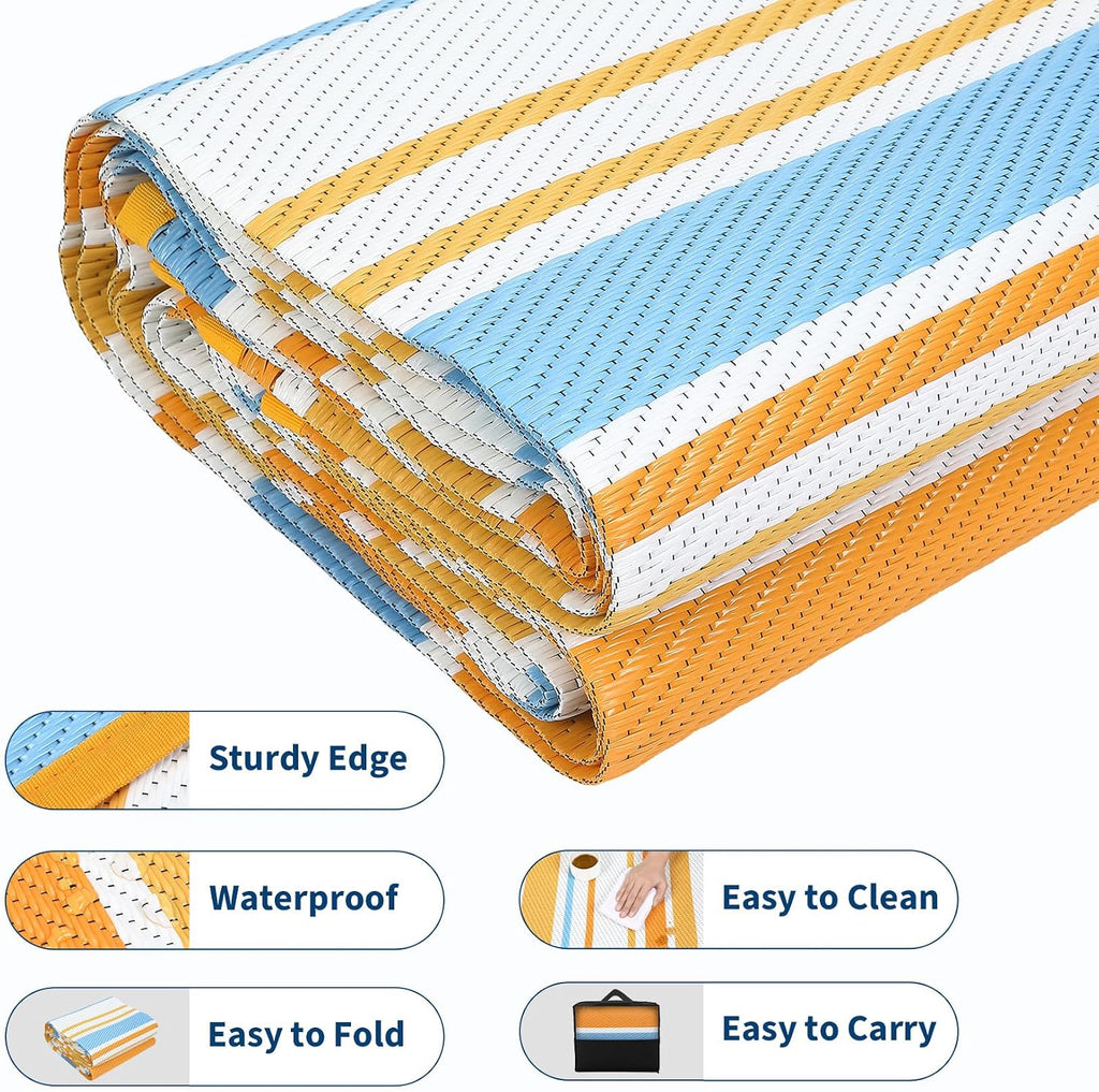 8x10 Large Outdoor Rug Waterproof for Patio Plastic Straw Rug Geometric Stripe Indoor Outdoor Area Rug Modern Lines Camping Rugs for RV Porch Deck Backyard Balcony, Orange Yellow Blue White