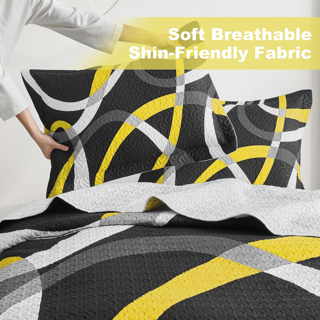 3 Piece Black Yellow Full Queen Quilt Reversible Bedding Set