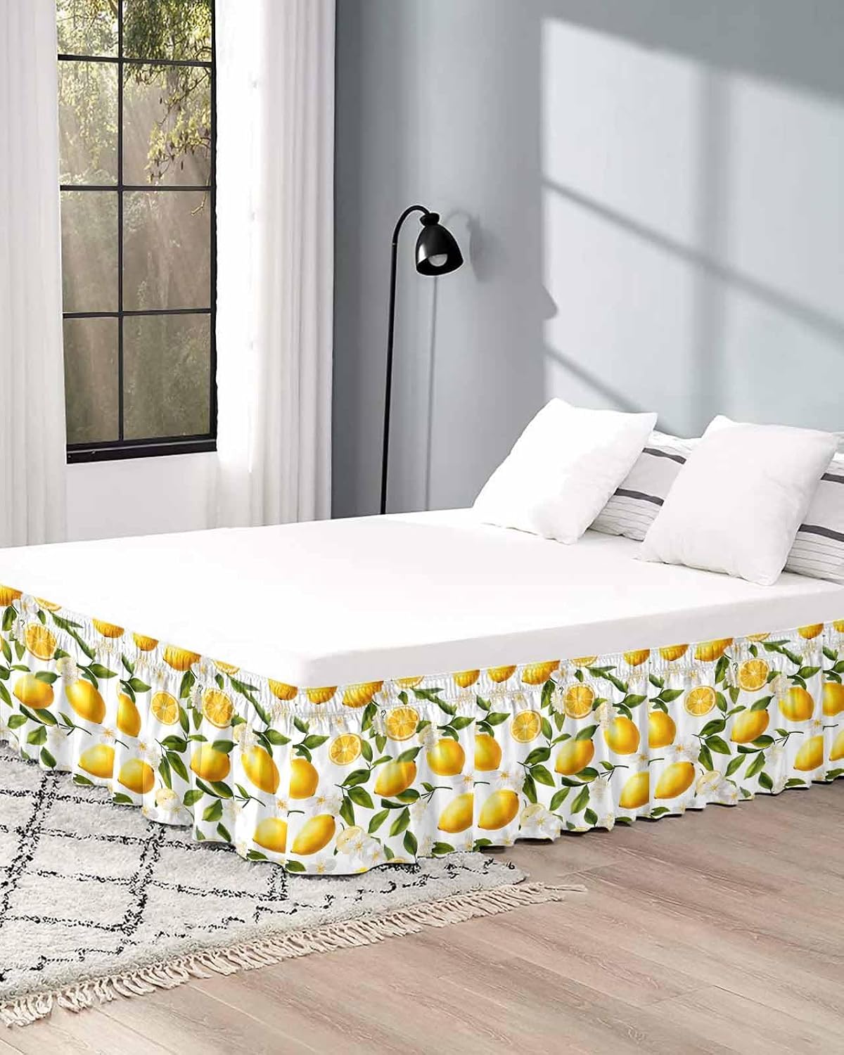 Yellow Lemon Bed Skirt Queen Size 16 Inch Drop, Adjustable Elastic Wrap Around Bed Skirts Easy Fitting Dust Ruffle Bedskirt Bed Frame Cover Blooming Floral Botanical Leaves
