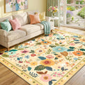 Floral 6x9 Area Rugs Washable Print Boho Cute Carpet Non Slip Flower Low Pile for Living Room Bedroom Kitchen Office Farmhouse-Ivory/Yellow
