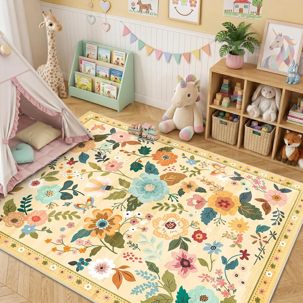 Floral 6x9 Area Rugs Washable Print Boho Cute Carpet Non Slip Flower Low Pile for Living Room Bedroom Kitchen Office Farmhouse-Ivory/Yellow