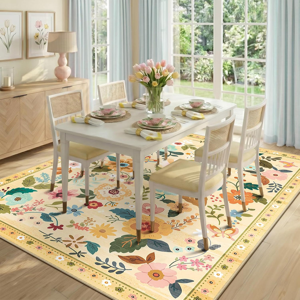 Floral 6x9 Area Rugs Washable Print Boho Cute Carpet Non Slip Flower Low Pile for Living Room Bedroom Kitchen Office Farmhouse-Ivory/Yellow