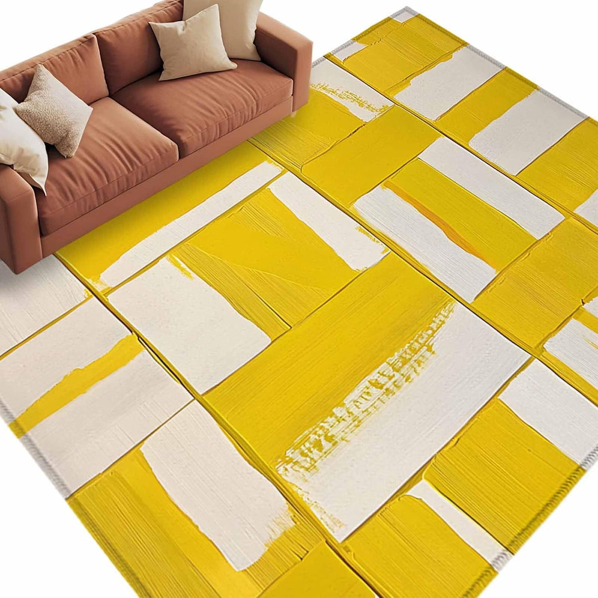 8x10 Abstract Art Area Rug for Spacious Living Room, Washable Low Pile Non Slip Rug Modernism Yellow Color Block