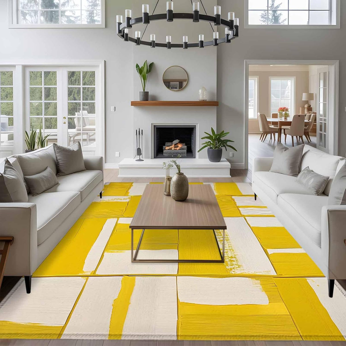 8x10 Abstract Art Area Rug for Spacious Living Room, Washable Low Pile Non Slip Rug Modernism Yellow Color Block
