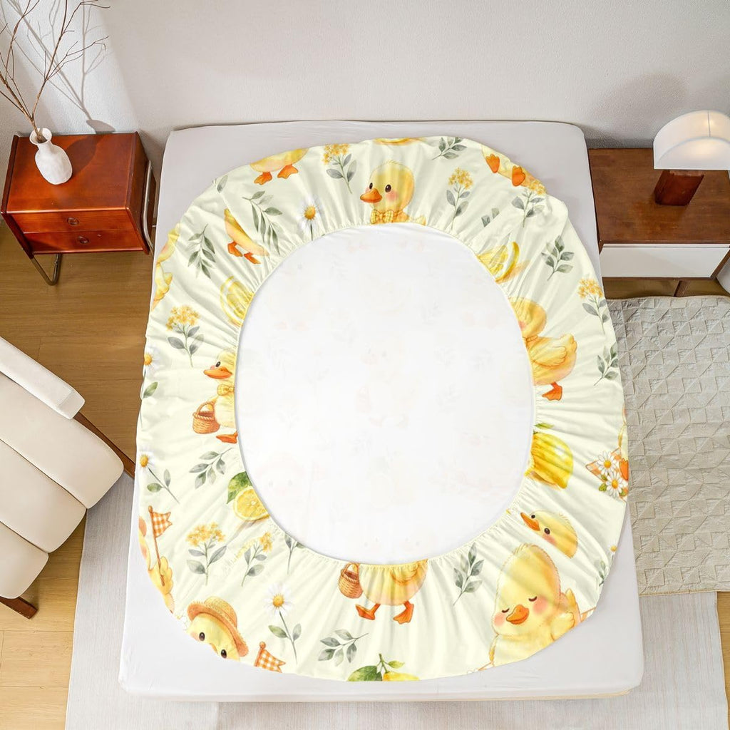 Kawaii Yellow Duck Bedding Set Twin Cute Cartoon Rubber Duck Fitted Sheet Rustic Daisy Floral Bed Sheets for Kids Boys Girls,Summer Fruit Lemon Bed Cover 2 Pcs