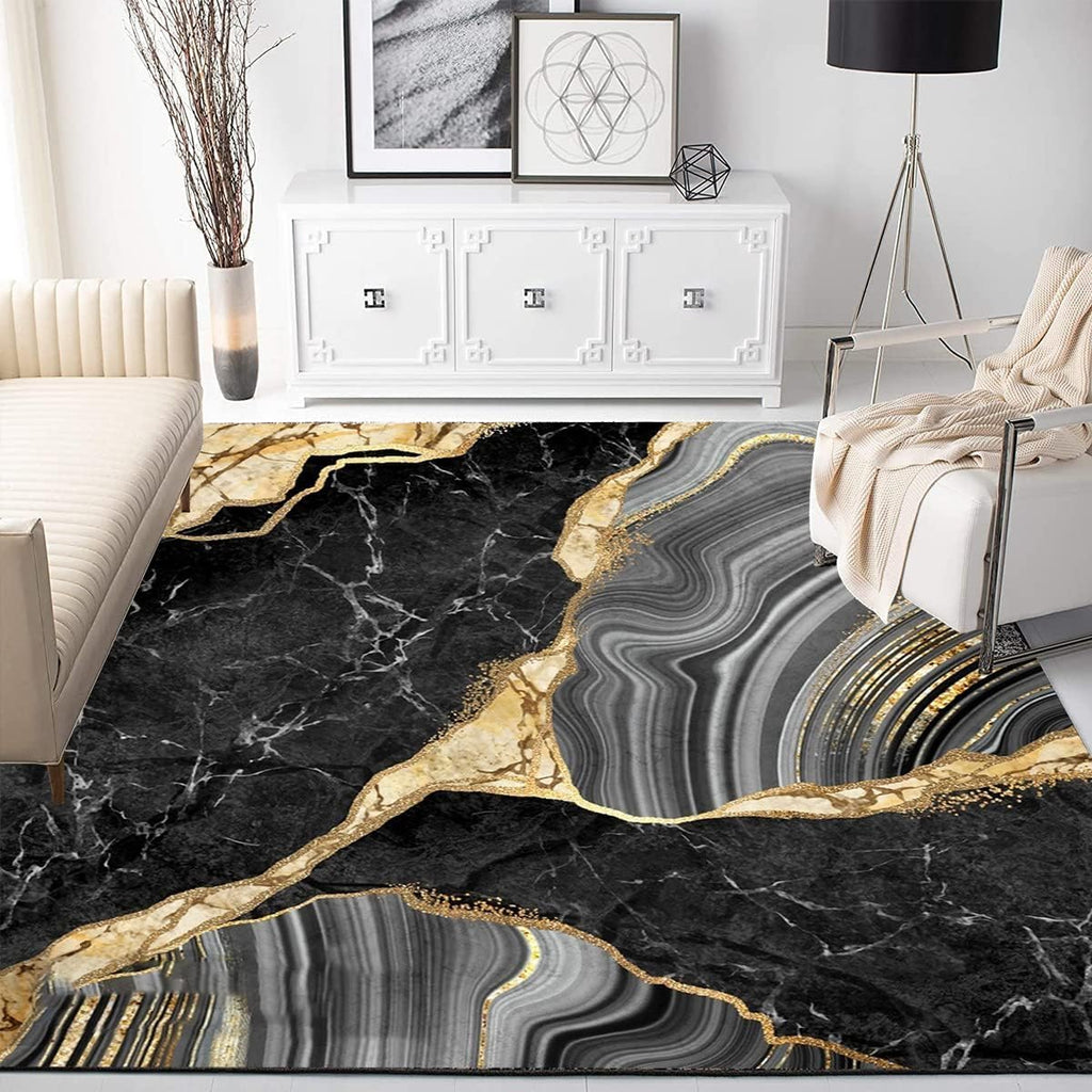 Black Grey Yellow Marble Texture Modern Abstract Aesthetic Area Rug 3x5 Minimalist Art Decor Rug for Livingroom Bedroom Diningroom Indoor Kitchen Hallway Carpet