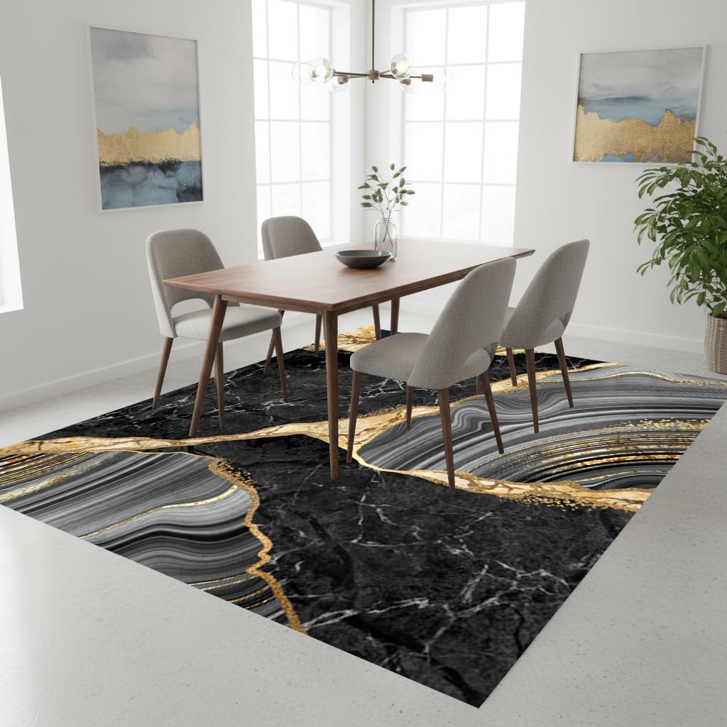 Black Grey Yellow Marble Texture Modern Abstract Aesthetic Area Rug 3x5 Minimalist Art Decor Rug for Livingroom Bedroom Diningroom Indoor Kitchen Hallway Carpet