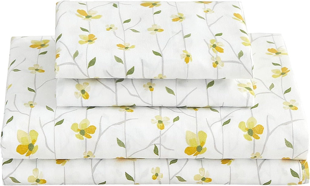 Yellow Floral Bed Sheets Full Flower Printed Sheets - Patterned Microfiber Fitted Sheets Full with 15" Deep Pocket & Non-Slip Straps, Cute Flower Sheets & Pillowcase Set