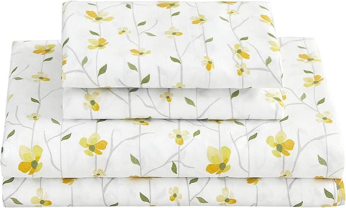 Yellow Floral Bed Sheets Full Flower Printed Sheets - Patterned Microfiber Fitted Sheets Full with 15" Deep Pocket & Non-Slip Straps, Cute Flower Sheets & Pillowcase Set