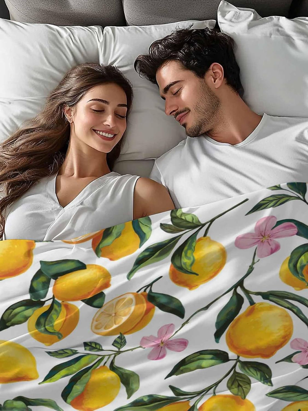 Twin Flat Sheet Only,Summer Lemon Floral Seamless Top Sheet Breathable Soft Brushed Polyester Microfiber Bed Sheets,Yellow on White Hotel Luxury Bedding Sheets for Women,Men,Teens